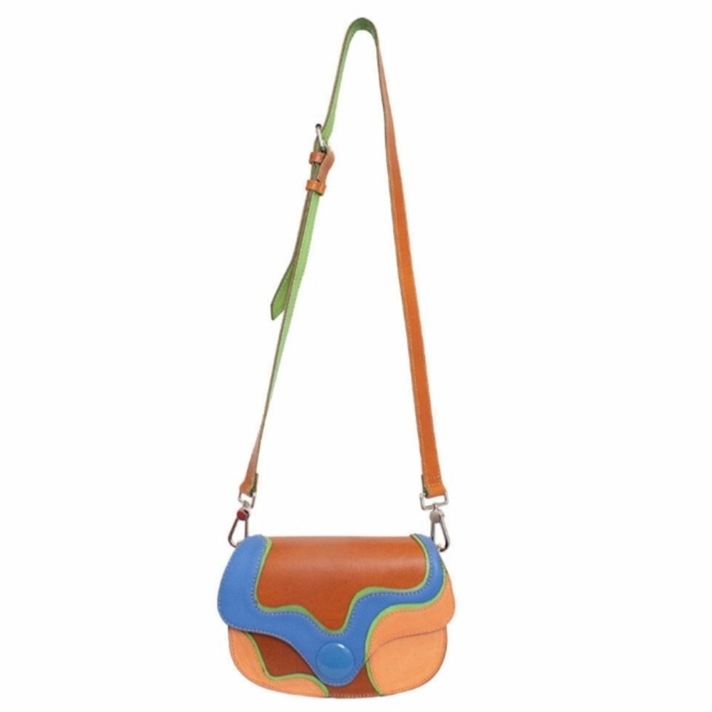 John Fluevog Orange and Blue Crossbody Bag with Artistic Design
